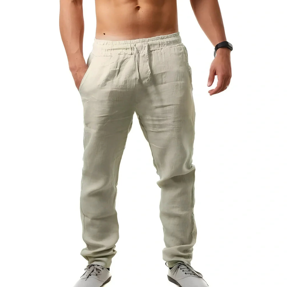 Breathable linen blend loose casual trousers in navy blue, mid-waist with belt, full length for youth leisure, sizes S-XXXL