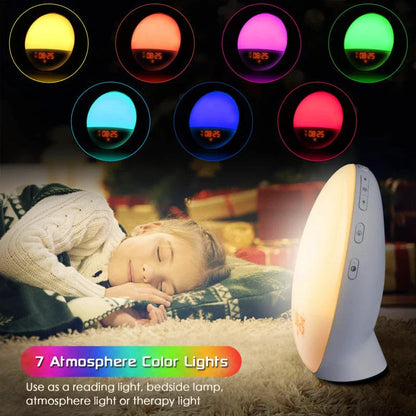 Sunrise alarm clock with gradual lighting, nature sounds, and colour customization