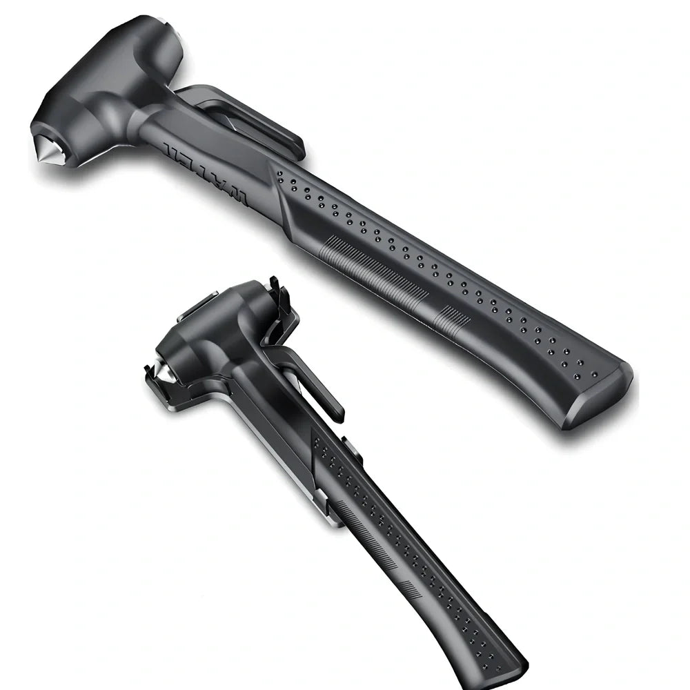 Black ABS window breaker safety hammer with pointed high carbon steel tip and seatbelt cutter, 10cm length for vehicle emergencies