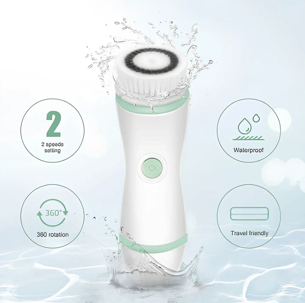 Blue 4-in-1 electric facial cleansing brush with exfoliating head, soft sponge, silicone brush, and travel case for deep pore cleaning