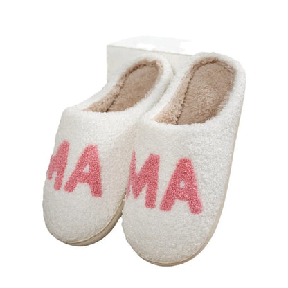 MAMA Christmas Gift Plush Cotton Slippers in white with thick non-slip sole