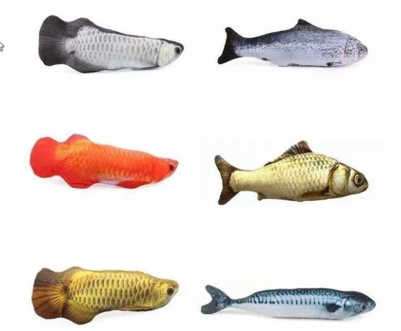 Vibrant fish-shaped plush toys in various sizes and colors, perfect for Kiwi cats to play with and cuddle