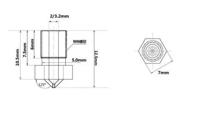 Brass 3D printer nozzle M6 thread 7x12mm with 0.4mm bore for 1.75mm filament