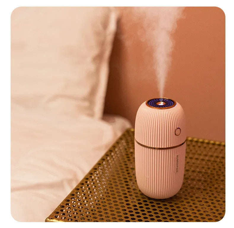 300ml USB ultrasonic mini humidifier with coloured LED lights in white on a desk