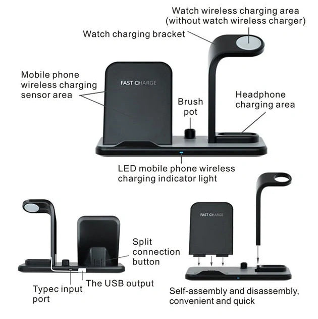 Black wireless charger bracket showing phone charging position with 10W output and dual USB ports