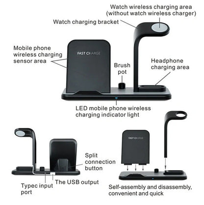Black wireless charger bracket showing phone charging position with 10W output and dual USB ports