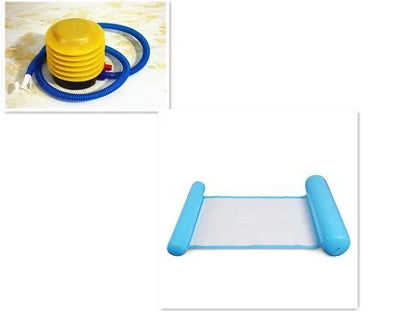 Inflatable water lounge chair in blue, floating in pool with hammock design visible