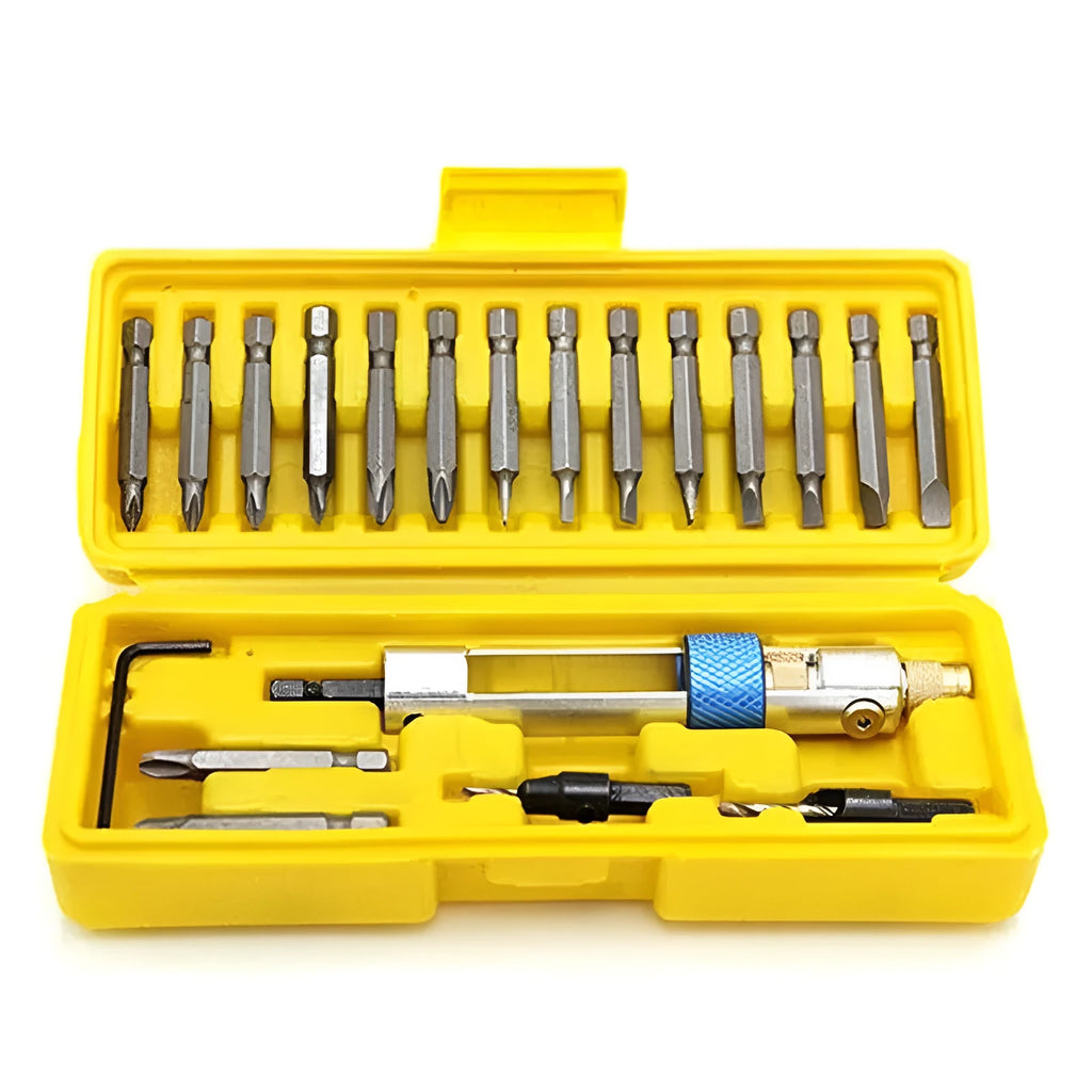 Half Time Drill driver with swivel head and set of Phillips, flathead, and countersink bits.