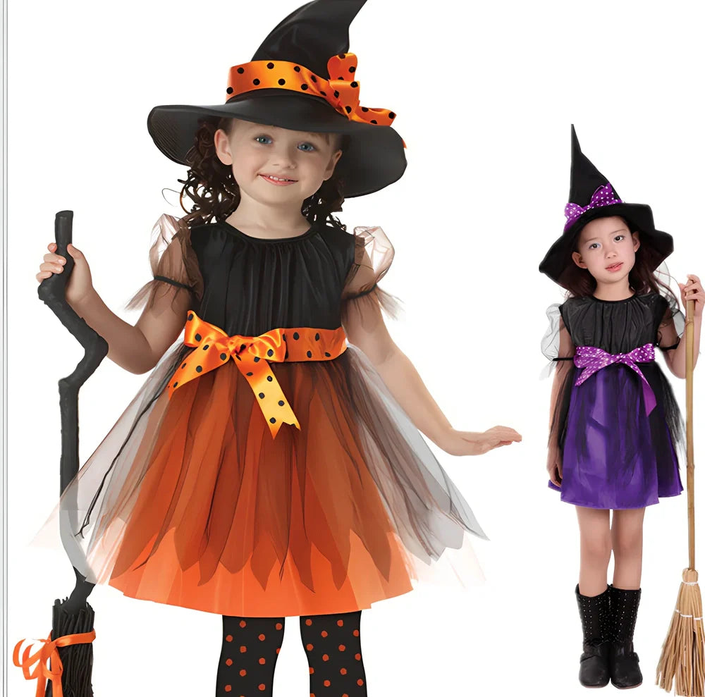 Child witches role play costume in purple linen, 90% composition, sizes 50-160cm with bat accessory option