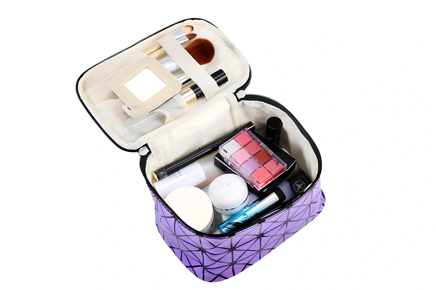 3D laser engraved cosmetic bag in blue, 19cm x 12cm x 13cm, with structured compartments for makeup storage