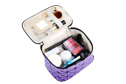 3D laser engraved cosmetic bag in blue, 19cm x 12cm x 13cm, with structured compartments for makeup storage