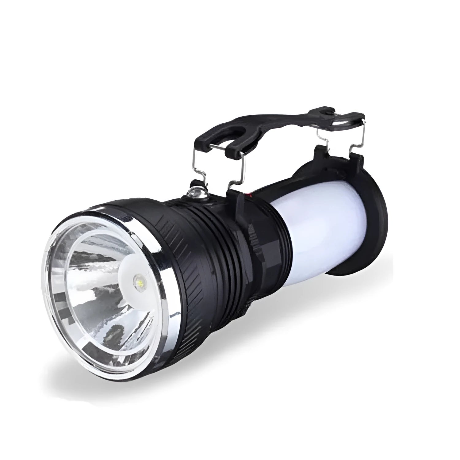 Black solar-powered LED emergency torch with USB charging port