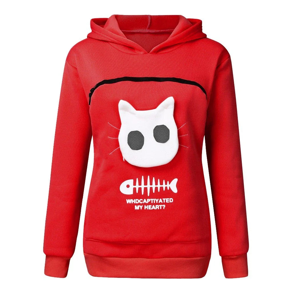 Women's cotton hoodie with unique cat pet pocket design in various colours