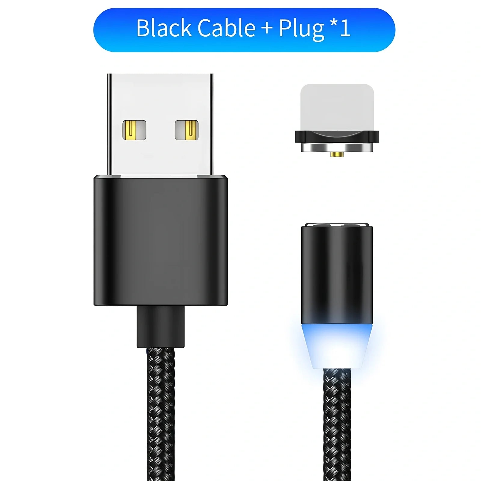 YBD 1m black magnetic LED charging cable with three-in-one plugs for iPhone and Android, showing N52 magnet connection