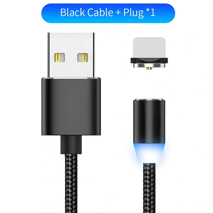 YBD 1m black magnetic LED charging cable with three-in-one plugs for iPhone and Android, showing N52 magnet connection