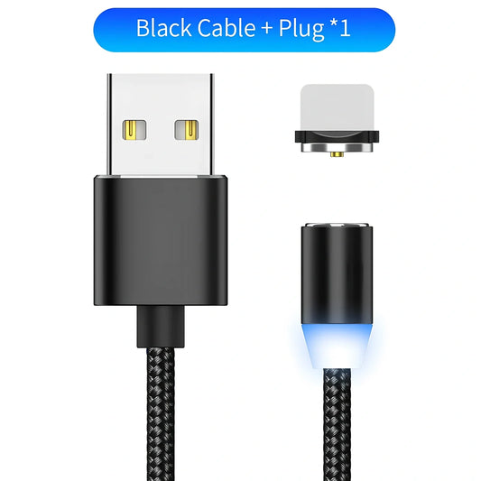 YBD 1m black magnetic LED charging cable with three-in-one plugs for iPhone and Android, showing N52 magnet connection