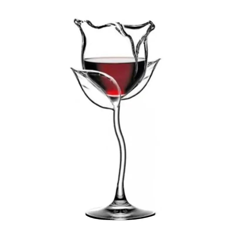Fancy red wine goblet with rose flower shape and 100ml transparent glass on table