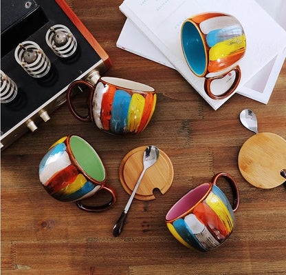 Handmade ceramic cup set with lid and spoon in vibrant colours, 350ml capacity