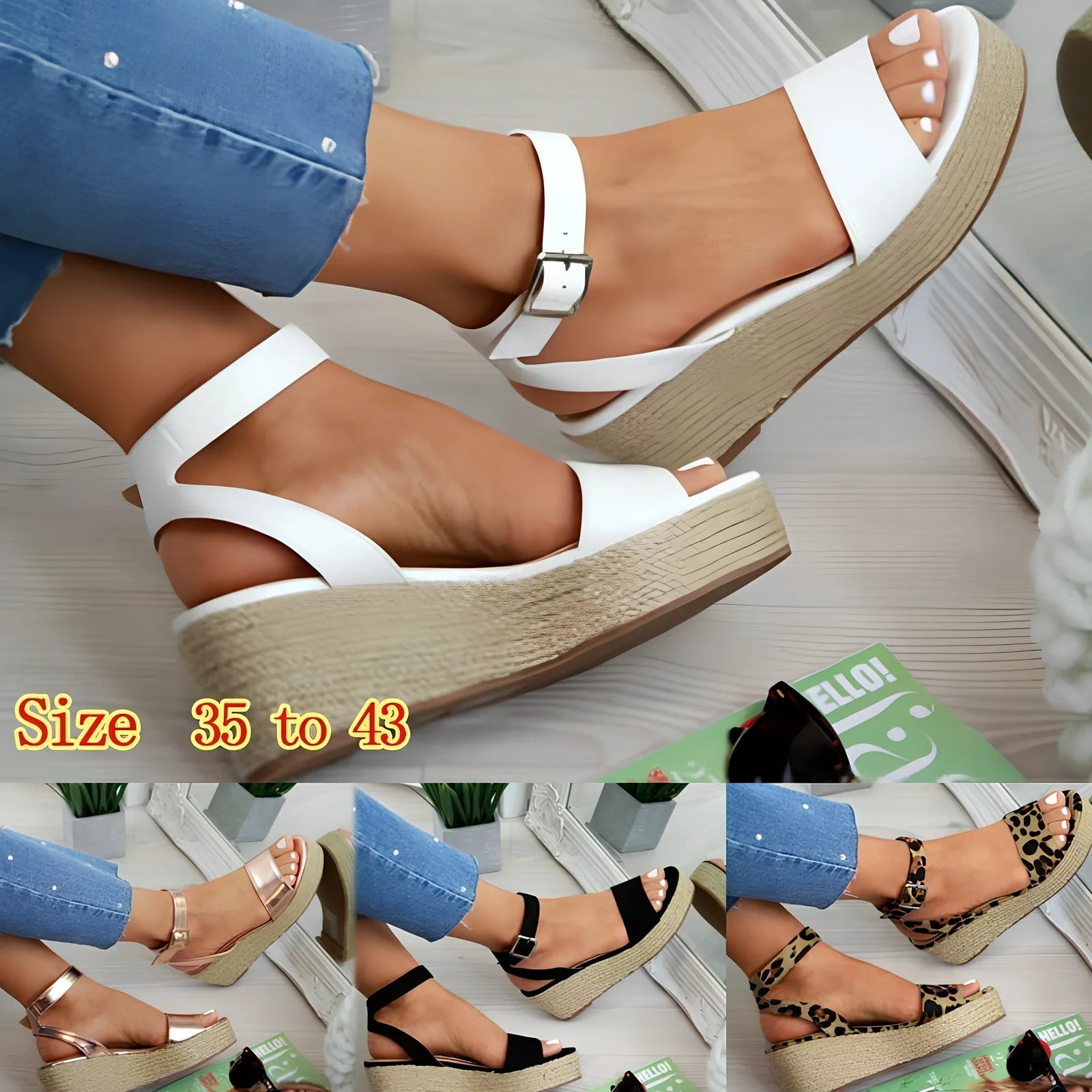 Women's summer platform sandals with slope heel in black, gold, leopard or white colours