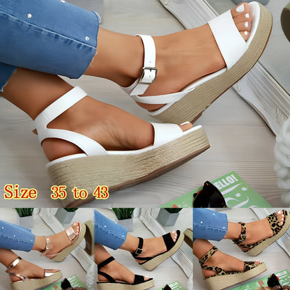 Women's summer platform sandals with slope heel in black, gold, leopard or white colours