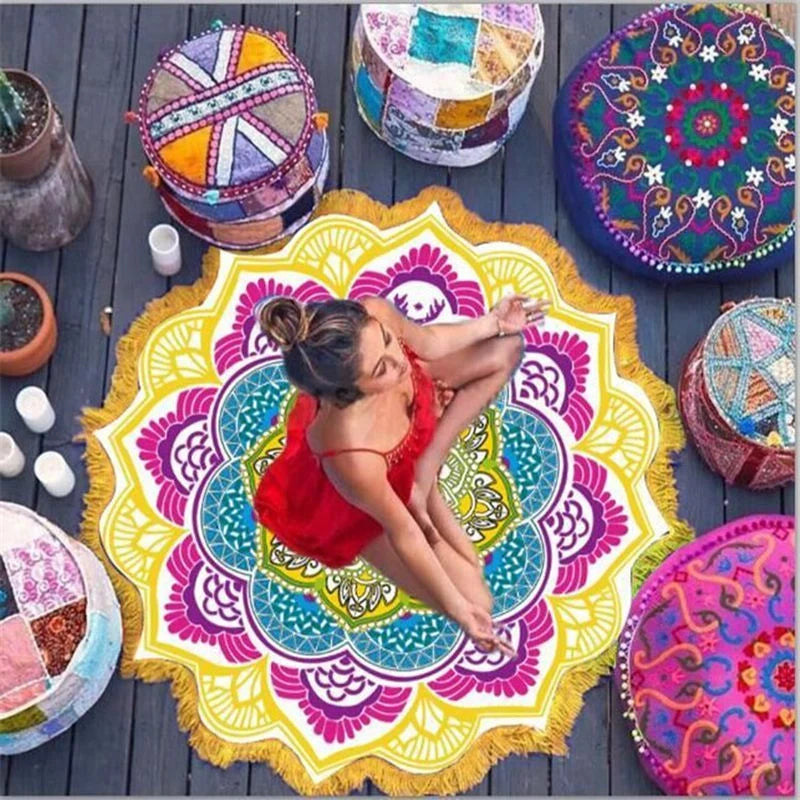 Retro ethnic tassel round bath towel yoga mat with sunshade function
