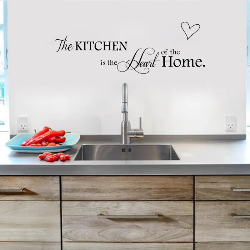 Heart of the Home letter pattern PVC wall sticker in black, 60x15cm, on a kitchen wall