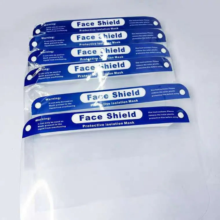 Blue PET self-protection head-on anti-splash mask on white background showing front view