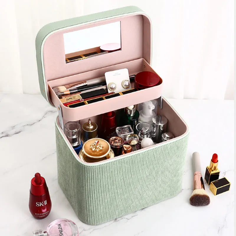 Solid colour corduroy cosmetic storage box with large capacity for home organisation