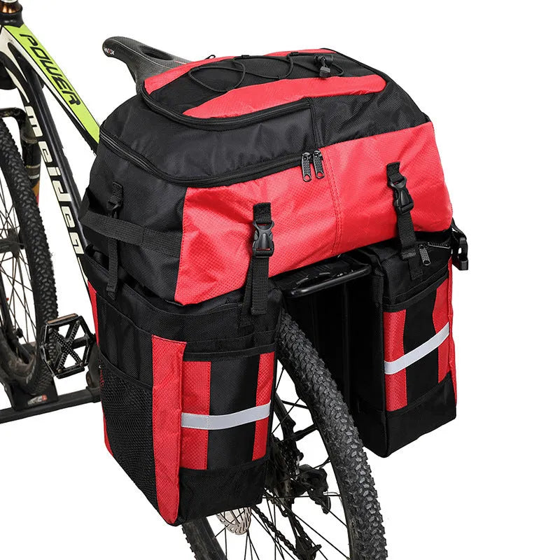70L bicycle rear storage bag in blue green or red colours for long-distance cycling tours