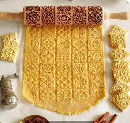 Wooden Christmas embossing rolling pin with non-stick surface for festive baking