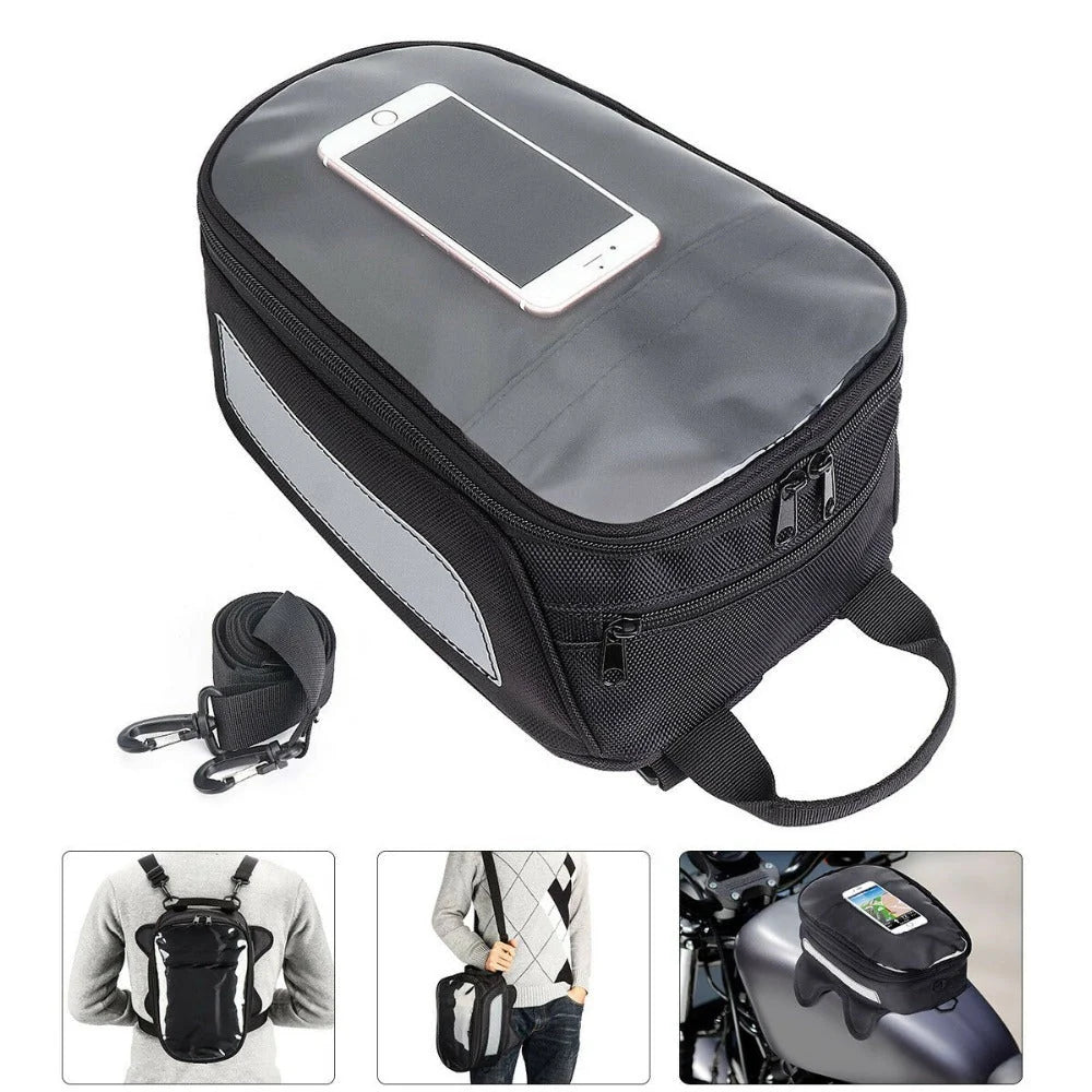 Black waterproof magnetic motorcycle fuel tank bag with reflective strips for safety