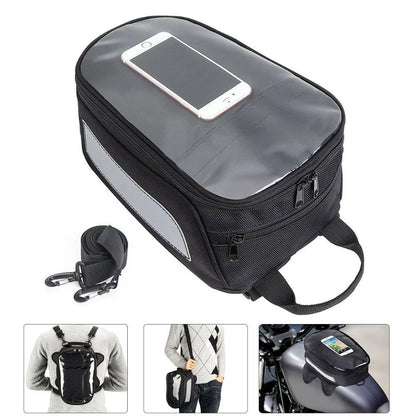 Black waterproof magnetic motorcycle fuel tank bag with reflective strips for safety