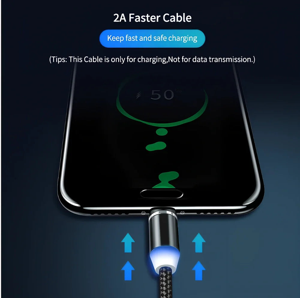 YBD 1m black magnetic LED charging cable with three-in-one plugs for iPhone and Android, showing N52 magnet connection