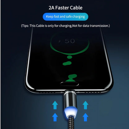 YBD 1m black magnetic LED charging cable with three-in-one plugs for iPhone and Android, showing N52 magnet connection