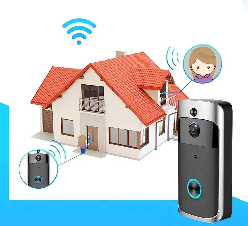 Black wireless video doorbell camera with 166-degree lens, 10m night vision, ABS build, dimensions 7.5x3.3x14.4cm