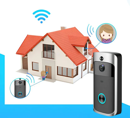 Black wireless video doorbell camera with 166-degree lens, 10m night vision, ABS build, dimensions 7.5x3.3x14.4cm