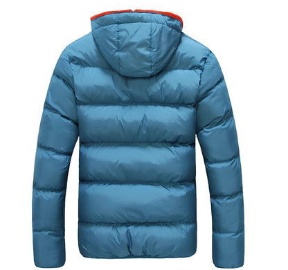 Blue hooded men's jacket with zipper, cotton filling, side pockets, M size 60 cm length and 104 cm bust