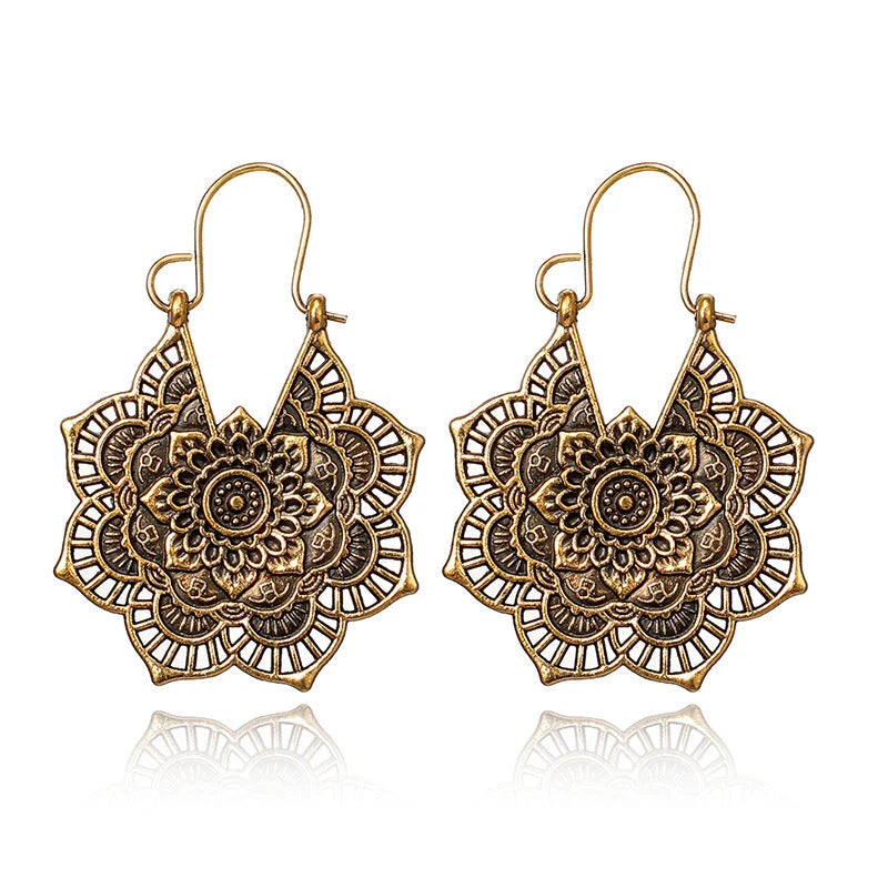 Vintage ethnic style metal openwork floral flower earrings in gold and silvery finishes