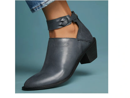 Women's black cut-out ankle boots with buckle strap, back zipper, 3-5cm heel in artificial PU, size 36 shown