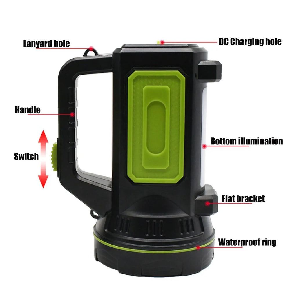 Green USB rechargeable LED flashlight with 500 metre beam range shown as both handheld and table light
