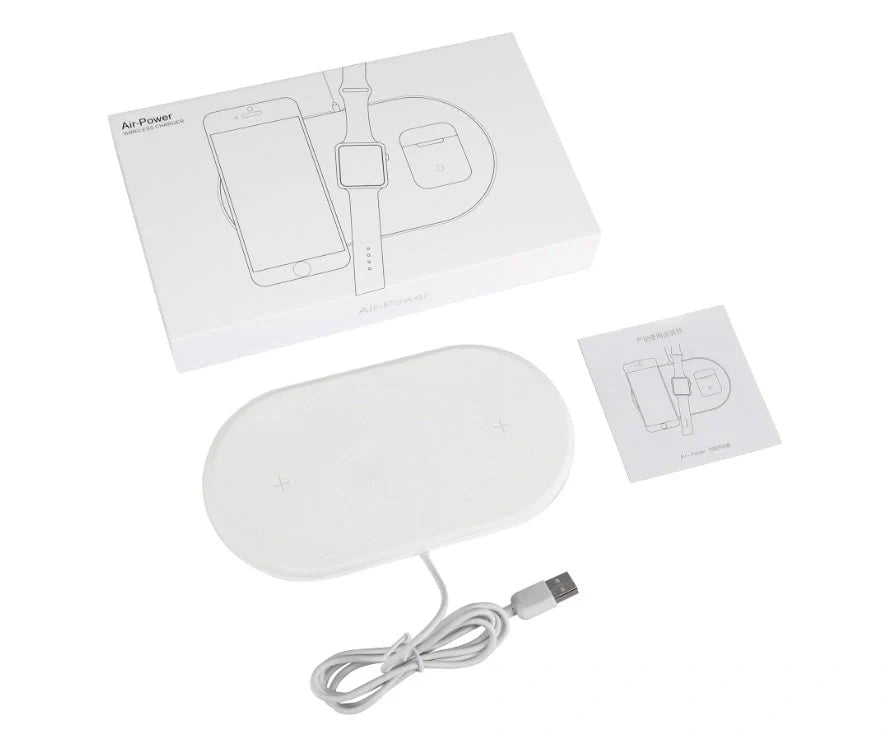 White 3-in-1 wireless charger station with Micro USB port and charging indicator