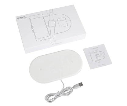 White 3-in-1 wireless charger station with Micro USB port and charging indicator