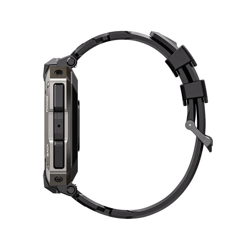 Black smart watch with TFT display showing heart rate and time, green option available, Bluetooth calling, 1ATM waterproof