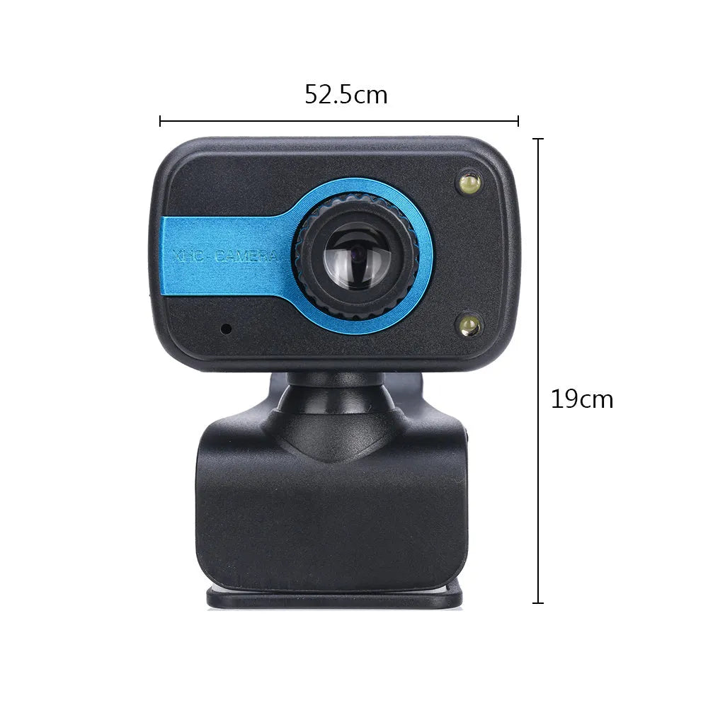 Mini USB webcam with rotating base in blue, red or white colours for PC video calling.