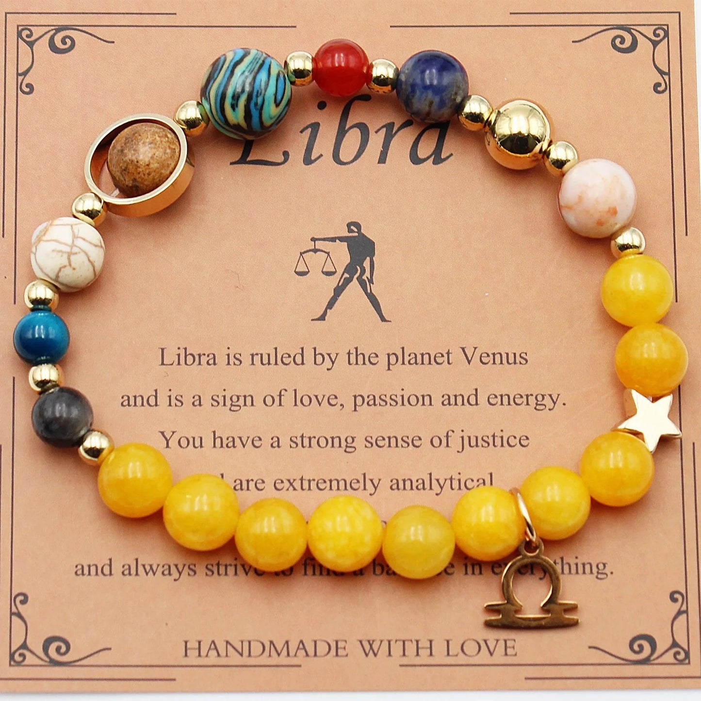 Morgan Stone beaded bracelet with twelve constellation designs, showcasing personalised zodiac signs.