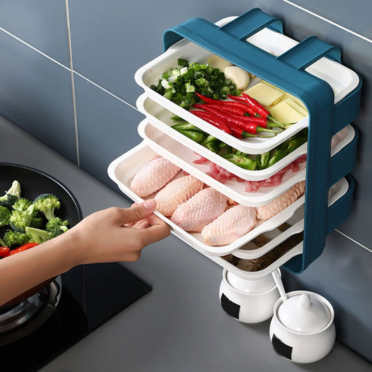 Wall-mounted kitchen side tray with six layers for efficient storage in blue, white, and coffee colour options
