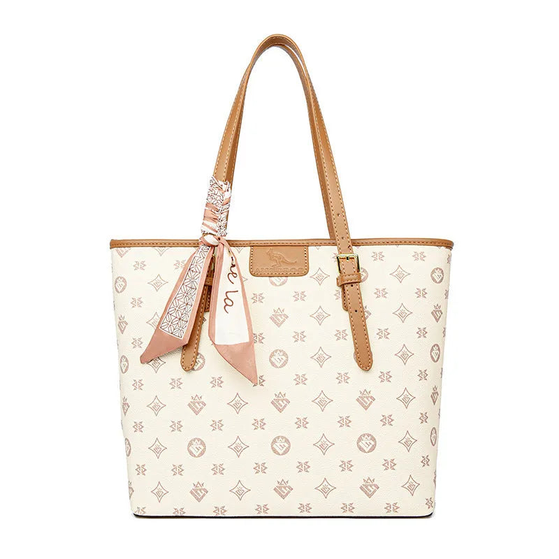 Large capacity women's shoulder bag with printing, PU material, horizontal square shape, sandwich pocket, double straps, colour black, brown, beige