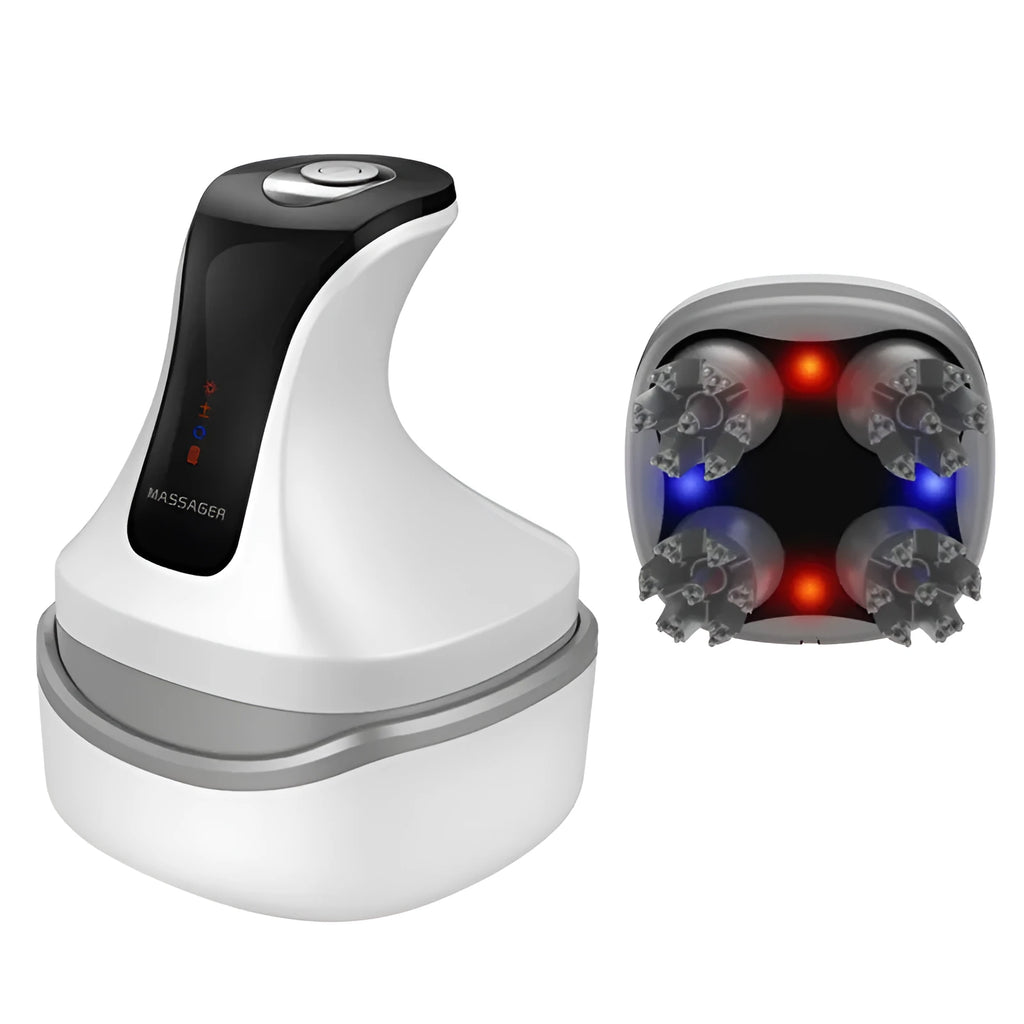 Rechargeable cat head massager in vanilla blue with push-button controls and four vibration intensity settings