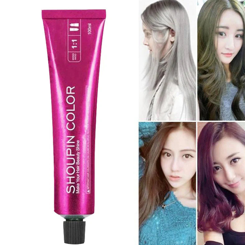 Ammonia-free hair dye 100ml tube with colour chart showing 40+ shades including WG75 cold brown and C5-66 purple
