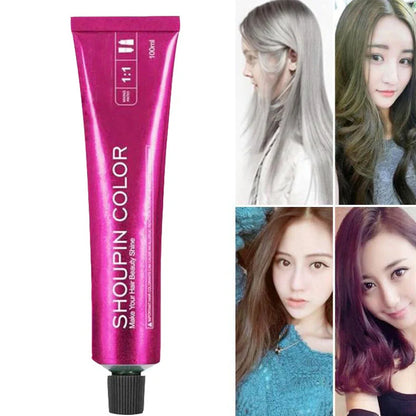 Ammonia-free hair dye 100ml tube with colour chart showing 40+ shades including WG75 cold brown and C5-66 purple